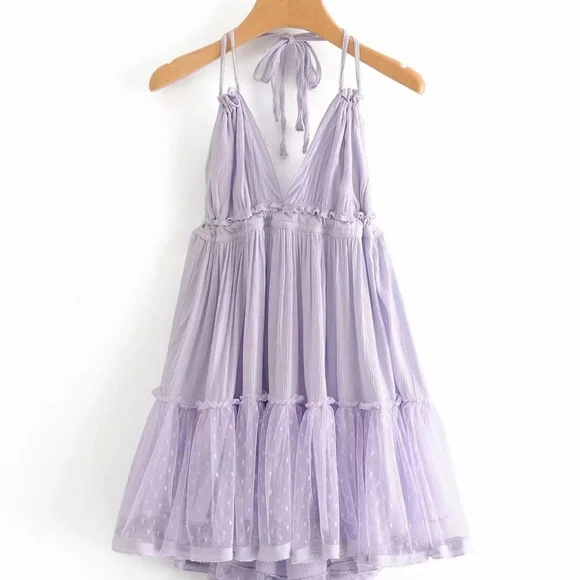 Lilac Layered Mesh Skirt Backless Halter Boho Beach Mini Dress - Picture 8 of 16